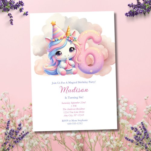 Unicorn 6th Sixth Pink Blue Purple Girl Birthday  Invitation