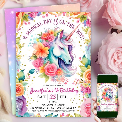 Unicorn 7th Birthday  Floral Rainbow and Stars Invitation