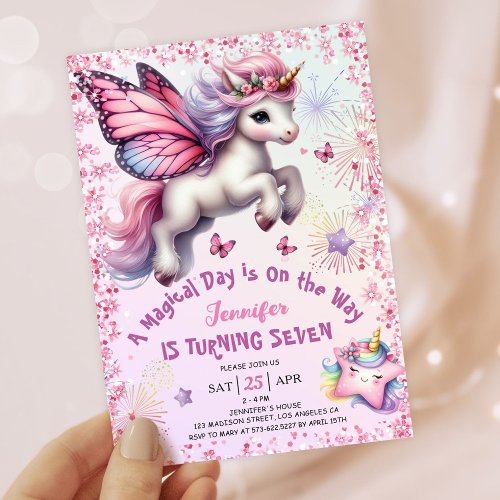 Unicorn 7th Birthday Girl Pink Purple Glitter Invitation