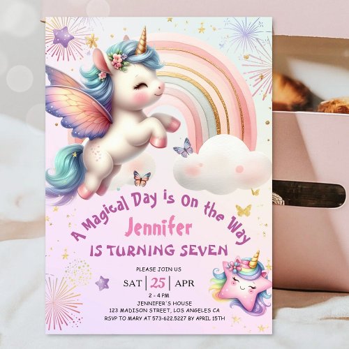 Unicorn 7th Birthday Girl Purple Pink Rainbow  Invitation