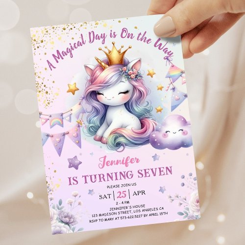 Unicorn 7th Birthday Invite Girl Pink  Gold