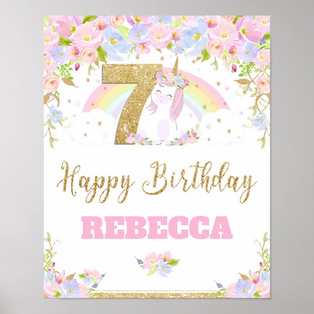 Unicorn 7TH Birthday Party Welcome Poster Sign (Front)