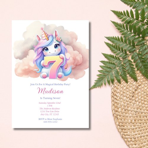 Unicorn 7th Seven Pink Blue Purple Girl Birthday  Invitation