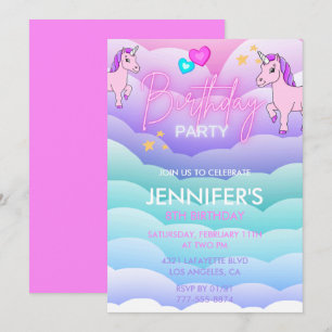 Unicorn 8th birthday invitations Purple Pink