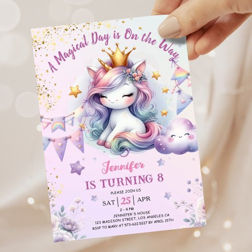 Unicorn 8th Birthday Invite Girl Pink  Gold