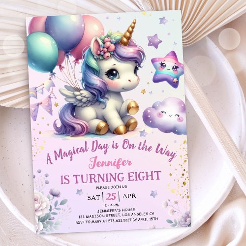 Unicorn 8th Birthday Invite Girl Purple  Gold