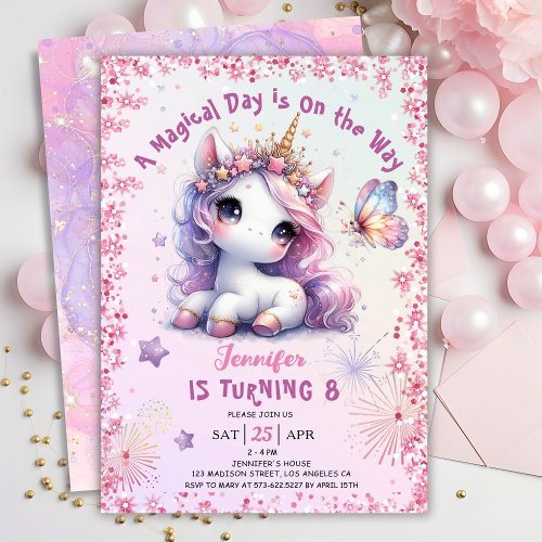 Unicorn 8th Birthday Party Girl Pink Purple  Invitation