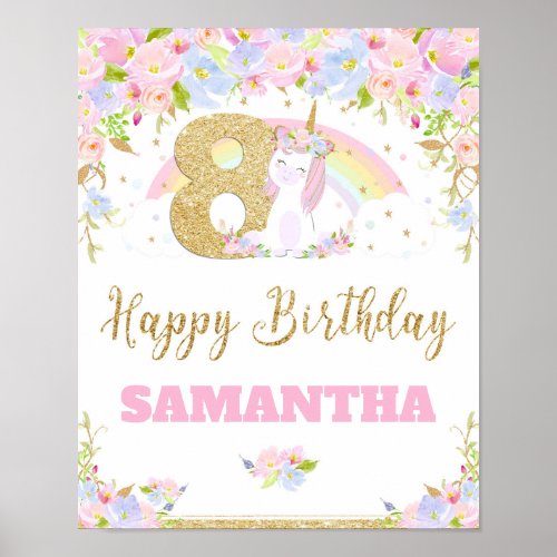 Unicorn 8TH Birthday Party Welcome Poster Sign