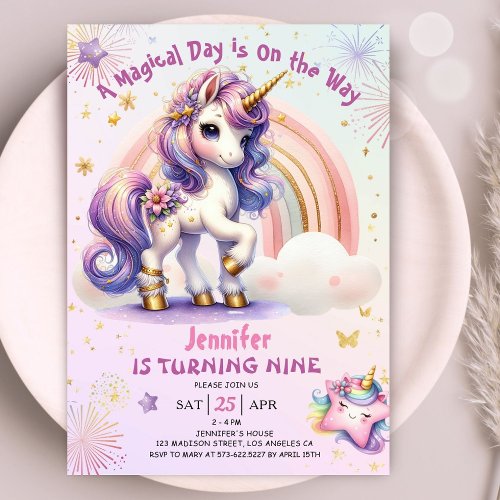Unicorn 9th Birthday Girl Purple Gold Rainbow Invi Invitation