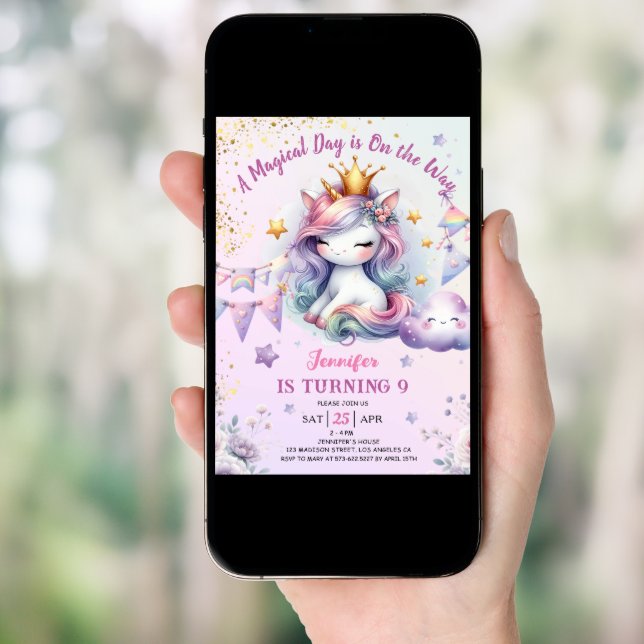 Unicorn 9th Birthday Invite Girl Pink & Gold (Front Digital)