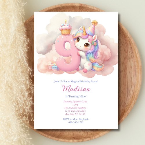 Unicorn 9th Ninth Pink Blue Purple Girl Birthday  Invitation