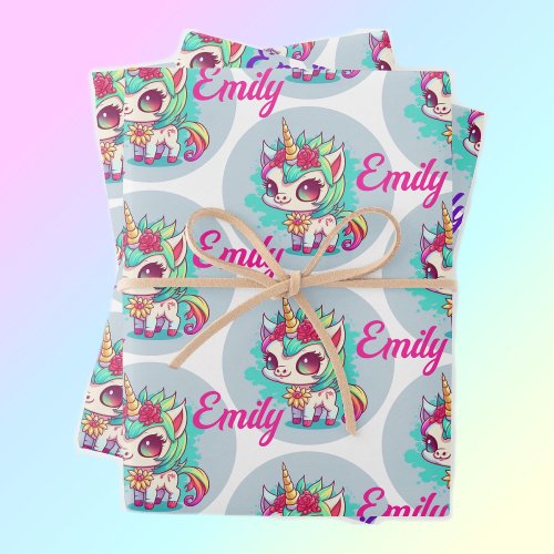 Unicorn Add Childs Name 3 Coordinating Wrapping Paper Sheets