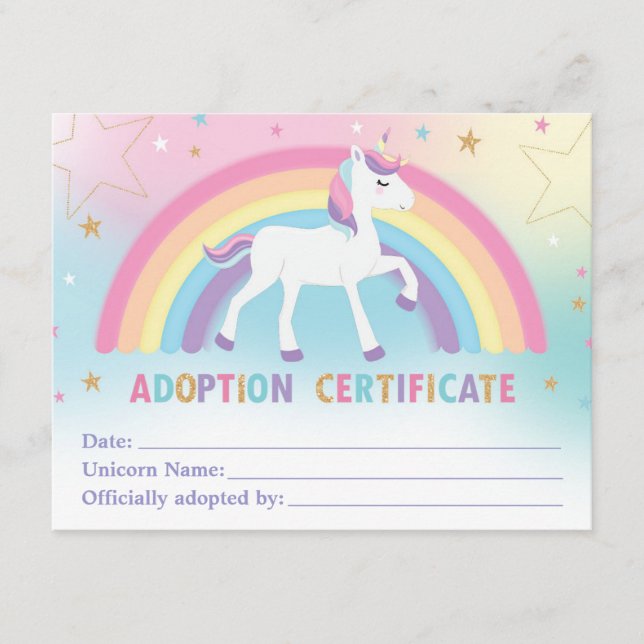 Unicorn Adoption Certificate Birthday Party Favor (Front)