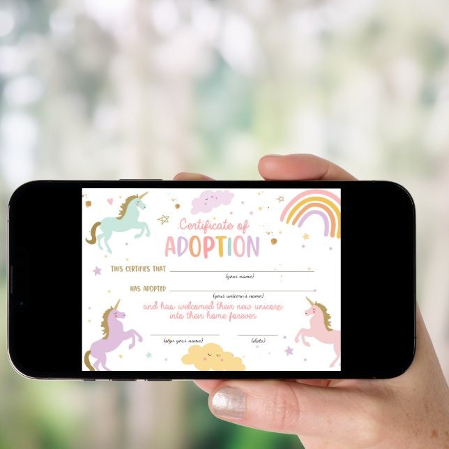Unicorn Adoption Magical Birthday Certificate  Invitation (Front Digital)