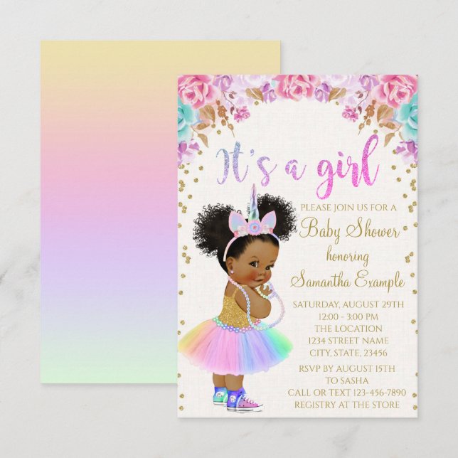 Unicorn African American Princess Baby Shower In Invitation (Front/Back)