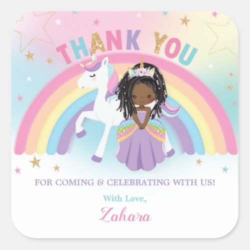 Unicorn African Princess Birthday Thank You Favor Square Sticker