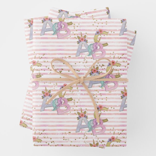 Unicorn Alphabet Pattern Wrapping Paper Sheets (In situ)