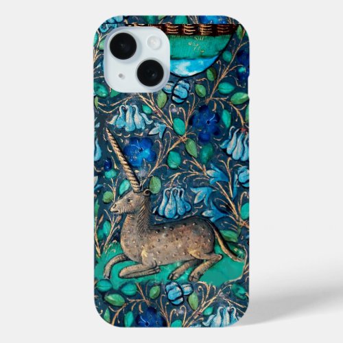 UNICORN AMONG BLUE FLOWERS Aqua Blue Green Floral iPhone 15 Case