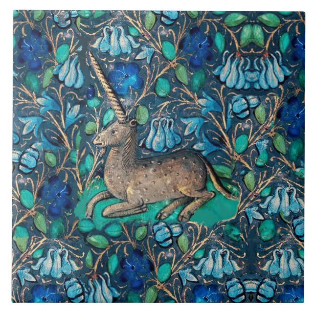 UNICORN AMONG BLUE FLOWERS Aqua Blue Green Floral Ceramic Tile (Front)