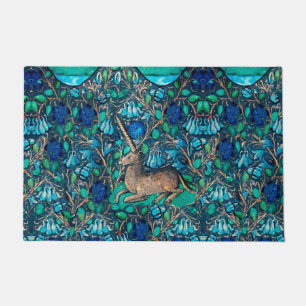 UNICORN AMONG BLUE FLOWERS Aqua Blue Green Floral Doormat