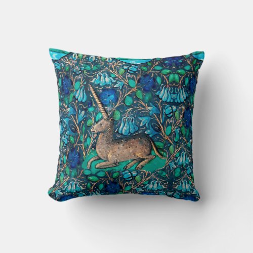 UNICORN AMONG BLUE FLOWERS Aqua Blue Green Floral Throw Pillow