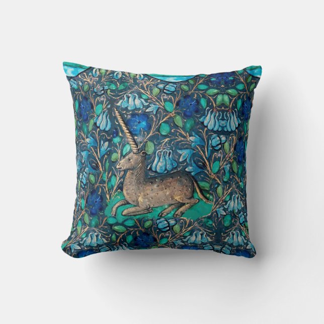 UNICORN AMONG BLUE FLOWERS Aqua Blue Green Floral Throw Pillow (Front)
