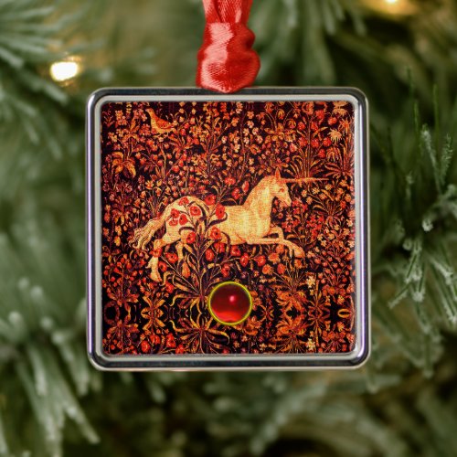 UNICORN AMONG FLOWERSFOREST ANIMALS Red Floral Metal Ornament