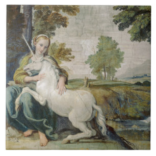 Unicorn and a Young Woman (by Domenichino) Ceramic Tile
