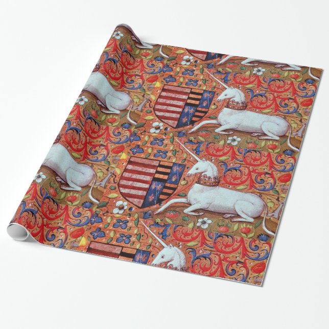 UNICORN AND ANTIQUE FLORAL MOTIFS WRAPPING PAPER (Unrolled)