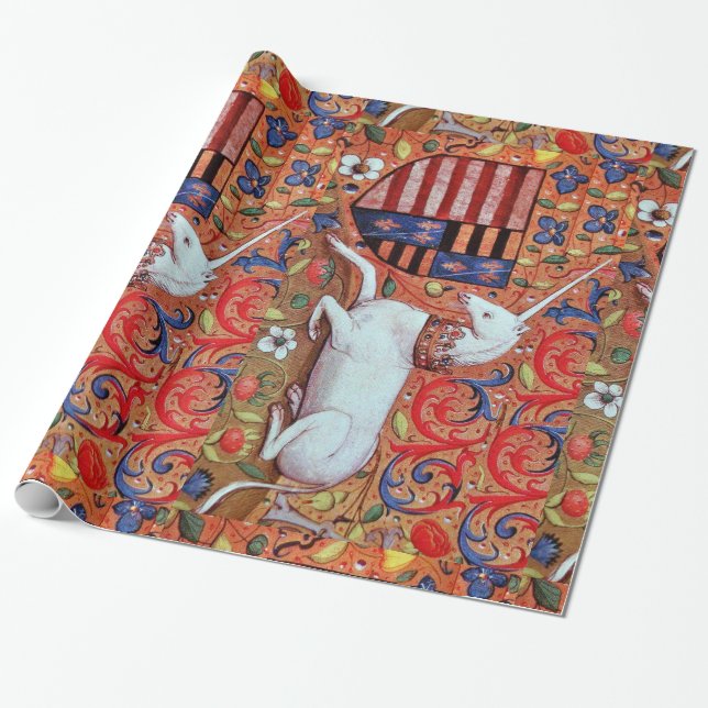 UNICORN AND ANTIQUE FLORAL MOTIFS WRAPPING PAPER (Unrolled)
