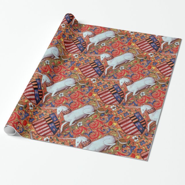 UNICORN AND ANTIQUE FLORAL MOTIFS WRAPPING PAPER (Unrolled)