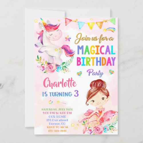 Unicorn and Ballerina birthday invitation for girl