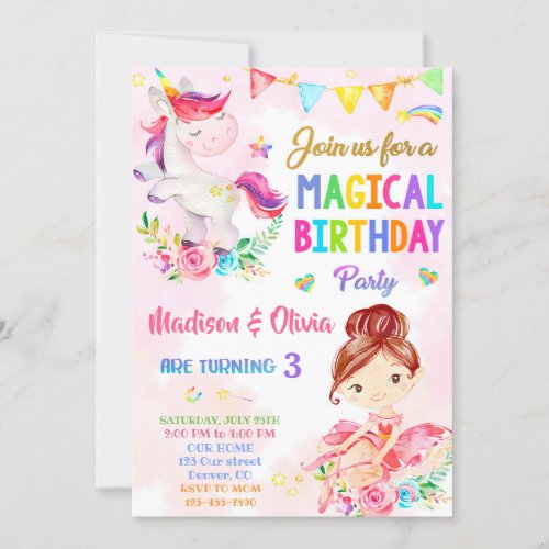 Unicorn and Ballerina birthday invitation for girl