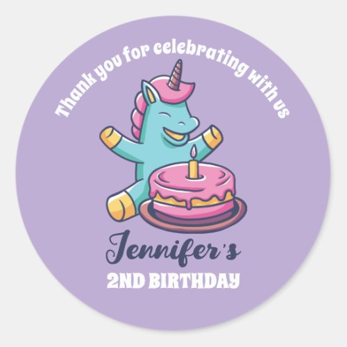 Unicorn and Birthday Cake Kids Party Favor Classic Round Sticker