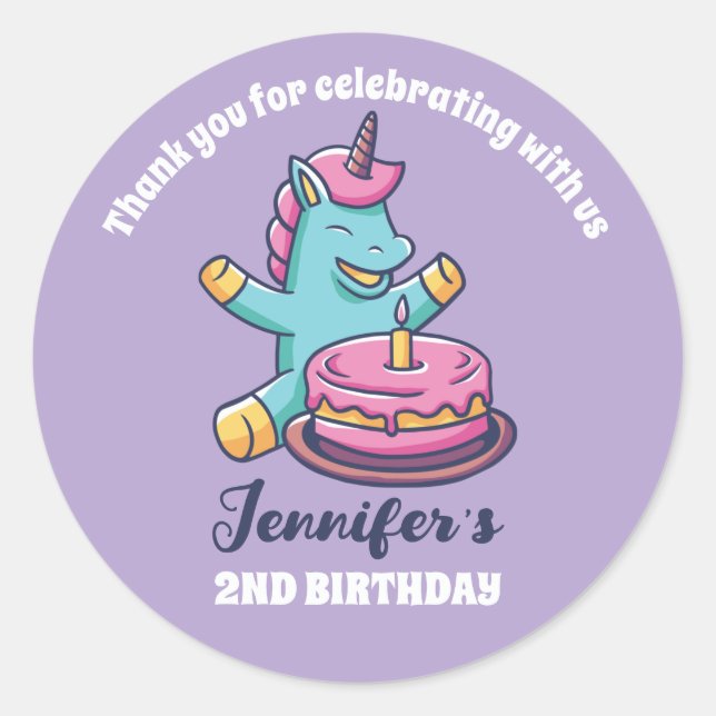 Unicorn and Birthday Cake Kids Party Favor Classic Round Sticker (Front)