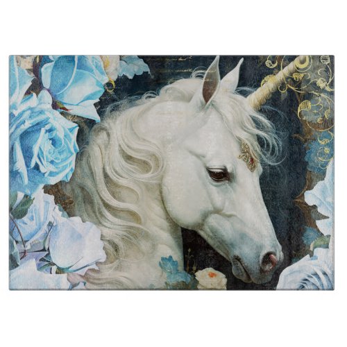 Unicorn and Blue Roses Cutting Board