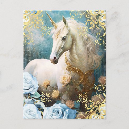 Unicorn and Blue Roses Postcard
