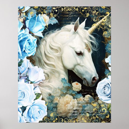 Unicorn and Blue Roses Poster