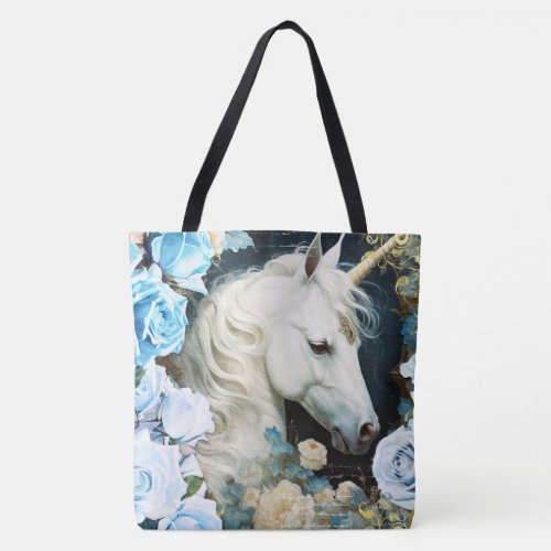 Unicorn and Blue Roses Tote Bag