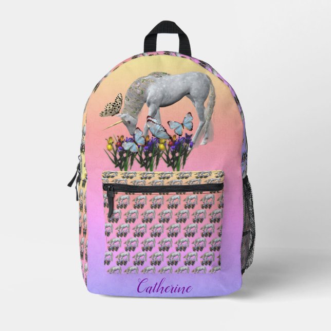 Unicorn And Butterflies Animal Personalized Printed Backpack (Front)