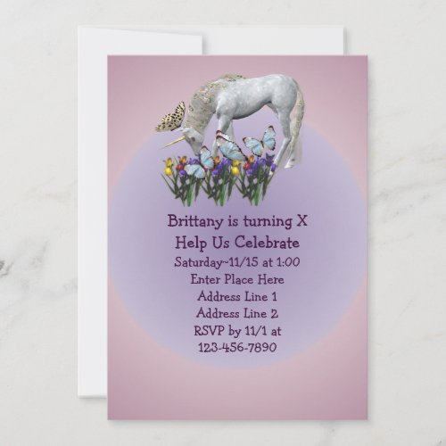 Unicorn And Butterflies Birthday Invitation