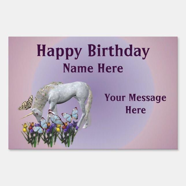 Unicorn And Butterflies Happy Birthday Yard Sign (Front)