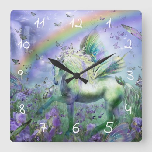 unicorn and butterflies square wall clock