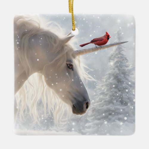 Unicorn and Cardinal Fantasy Beautiful Christmas Ceramic Ornament