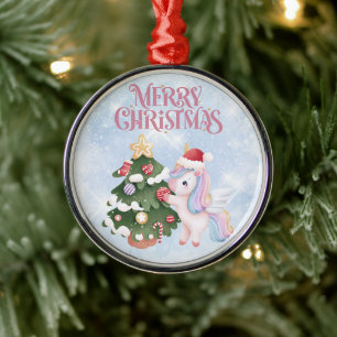 Unicorn And Christmas Tree On  Sparkle Blue Sky Metal Ornament