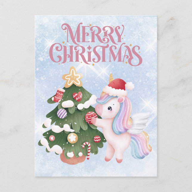 Unicorn And Christmas Tree On  Sparkle Blue Sky Postcard (Front)