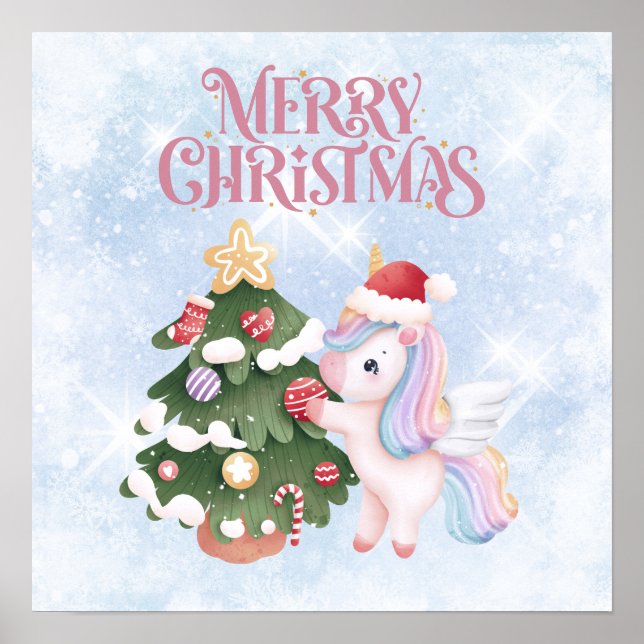 Unicorn And Christmas Tree On  Sparkle Blue Sky Poster (Front)