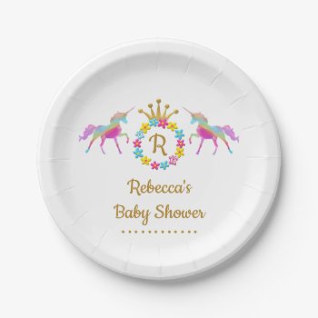 Unicorn And Crown Colorful Baby Shower Paper Plates by FatCatGraphics at Zazzle