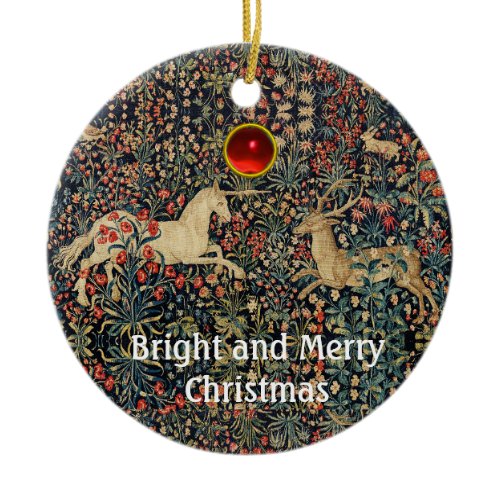 UNICORN AND DEER,FLOWERS,FOREST ANIMALS Floral Ceramic Ornament
