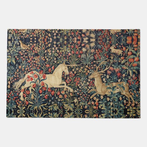 UNICORN AND DEERFLOWERS FOREST ANIMALS Floral Doormat